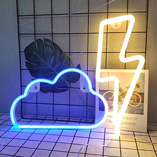 LED Neon Light Sign Blue Cloud Neon Sign and Warm White Lightning Neon Sign Combination Hanging Neon Light Battery/USB Operated Neon Night Signs Neon Lightning for Room Wedding Home Party Decor - Blue Cloud and Warm White Lightning