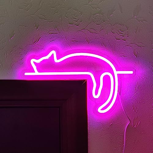 QILAND Cat LED Neon Sign Super Bright Acrylic Handmade Led Light Neon Light Size 14.1x8.6 in Cat Sign for Shop Window Store Display Beer Bar Nightclub Grand Opening Gift (Pink)