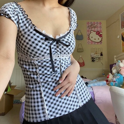 Black Kawaii Plaid Top - black / M