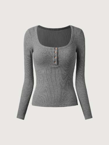 Cashsoft U-Neckline Henley Brami Top - Heather Charcoal / S