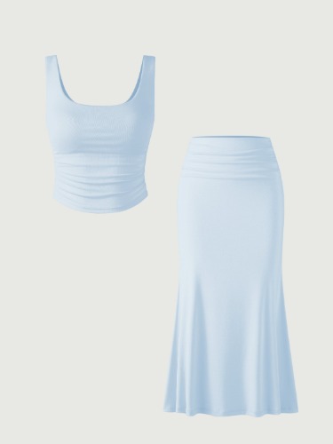 Eco-SkinKiss® Ruched Sides Square Brami Tank Top & Mermaid Maxi Skirt 2Pcs Set - Sky Glass / M