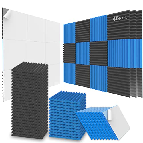 JBER 48 Pack Acoustic Foam Panels, 1" X 12" X 12" Upgraded Self-Adhesive Studio Soundproofing Wedges Fire Resistant Sound Proof Padding Acoustic Treatment Foam - Black & Blue - 48 Pack - Black&Blue