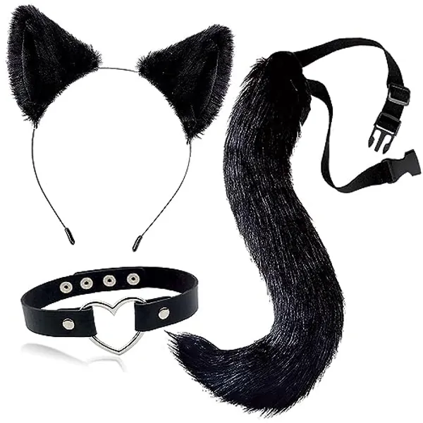 Cat Ears and Tail Set Costume Accessories for Women Anime Ear Clips Black Tail Big Long Furry/Heart Choker for Cosplay Costumes Set Animal Ears Hair Clip Headband for Adults, Halloween, Neko Kit