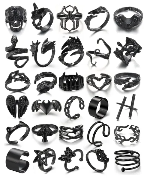 Black Gothic Vintage Rings Set - 20-30 PCS Cool Punk Snake Claw Rings Set, Y2K Snake Claw Rings, Open Butterfly Star Stacking Ring Jewelry , Gift for Men Women Girls Boys