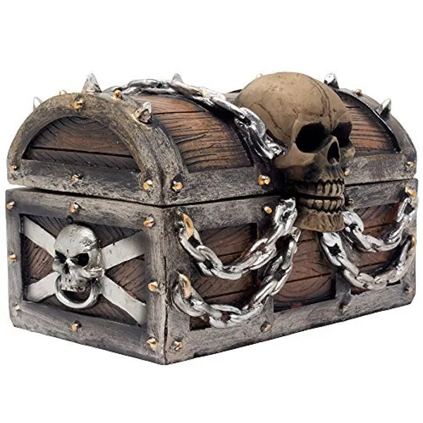 Evil Skull on Treasure Chest Trinket Box Statue with Hidden Storage Compartment for Decorative Gothic Décor or Spooky Halloween Decorations As Jewelry Boxes or Fantasy Office Gifts