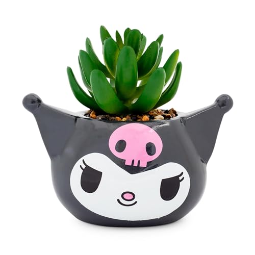 Toynk Sanrio Kuromi Smiling Head 3-Inch Sculpted Ceramic Mini Planter with Artificial Succulent | Cute Flower Pot, Faux Indoor Plants - Black