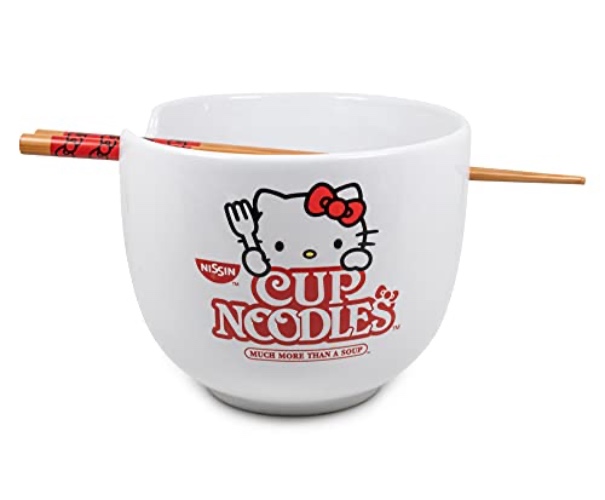 Silver Buffalo Sanrio Hello Kitty Cup Noodles Nissin Ceramic Ramen Noodle Rice Bowl with Chopsticks, Microwave Safe, 20 Ounces - Hello Kitty