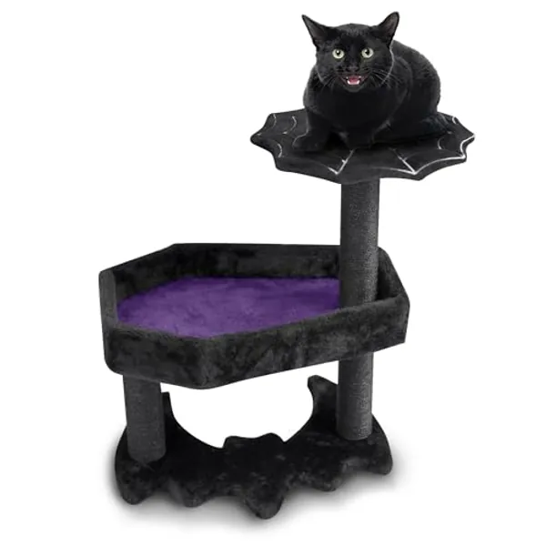 Littlesy Gothic Cat Tree Purple with Coffin Cat Bed & Spooky Cat Toys - Spooky cat Tree for Halloween cat (Small) - Black and Purple