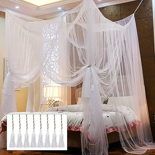Twinkle Star 4 Corner Post Bed Canopy, Elegant Curtain Net for Full/Queen/King Size Bed (White) - Square-White