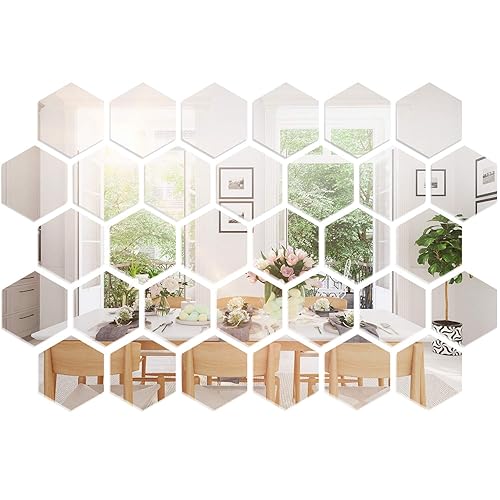 Shappy 32 Pcs Hexagon Mirror Wall Stickers Removable Silver Acrylic Mirror Stickers Honeycomb Wall Decals for DIY Home Art Bedroom Living Room Wall Decoration(10 x 8.6 x 5 cm) - 10 x 8.6 x 5 cm