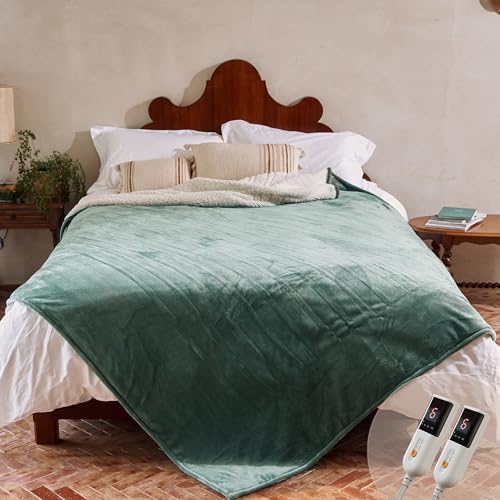 GOTCOZY Heated Blanket Queen Size - Electric Blanket with Dual Controller 6 Heating Level & 10 Hour Auto Off Heating Blanket, ETL Certified (84X90 Inch Green) - Green - Queen