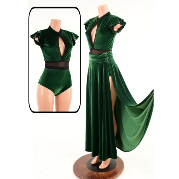 Green Velvet & Black Mesh Romper and Breakaway Skirt Set EMK157665