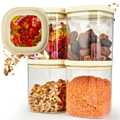 Dalena Home© Förvaringsburkar + Etiketter (4x 1 000 ml) Gjorda Av Robust Borosilikatglas - Glasförvaringsburkar Lufttäta & Stapelbara Köket - Förvaringsburk, Fyrkantig Förvaringsburk