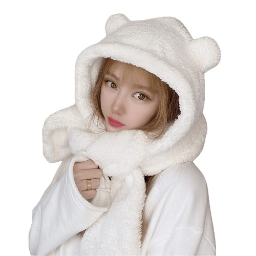 Kawaii björnöron mössa för kvinnor hatt scarf 2 i 1 – söt vinter varm sherpa tjock fleece luddig japansk fluffig stickad mössa mössa (vit), Vitt, 7-7 1/8
