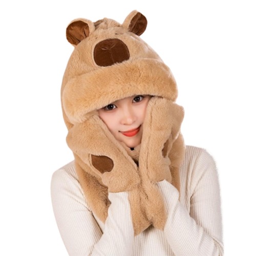 Vinter luvtröja hatt halsduk handskar set, 3-i-1 varm plysch djurhattar, söta capybara kepsar mjuk snöhatt, vinter huva hatt halsduk och handskar, djur vintermössa för kvinnor flicka utomhus - Ljusbrunt