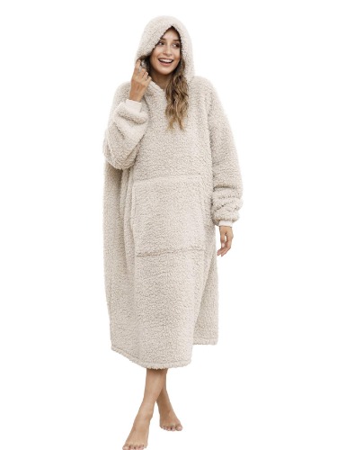 Ililmmoe Överdimensionerad Sherpa Hoodie Kvinnors Soffa Filt Walkable Filt Mäns Bekväm Bärbar Sweatshirt Plysch Pullover Varm Bekväm Hoodie Långärmad Stor Pocket Hem Suit - Beige