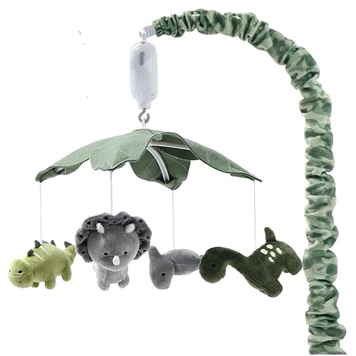 The Peanutshell Crib Mobile for Boys or Girls - Grey and Green Camo Musical Baby Crib Mobile with 12 Lullabies, Dino Baby Mobile Crib Dinosaur Nursery Decor