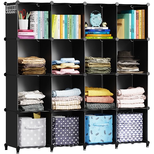 HOMIDEC Cube Storage Organizer 16-Cube Storage Shelf, Closet Organizer for Garment Racks, Closet Organizers and Storage with Metal Hammer, Bookshelf for Kids, (48.4 L x 12.2 W x 48.4 H Inches),Black - Black