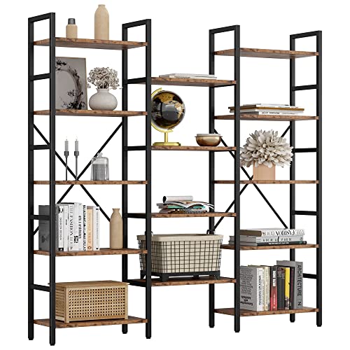 IRONCK Bookcases and Bookshelves Triple Wide 5 Tiers Industrial Bookshelf, Large Etagere Bookshelf Open Display Shelves with Metal Frame for Living Room Bedroom Home Office - Vintage Brown - 5 Tiers
