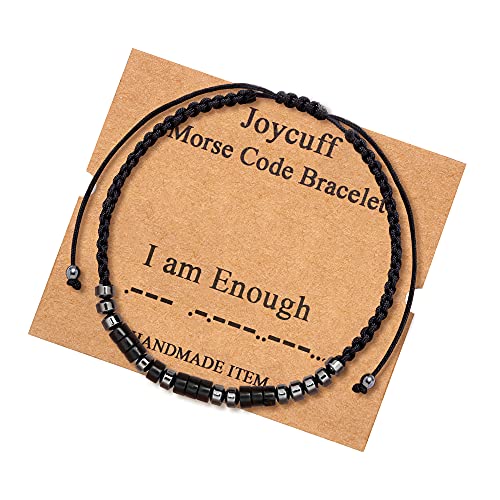 JoycuFF Inspirational 𝗠𝗼𝗿𝘀𝗲 𝗖𝗼𝗱𝗲 𝗕𝗿𝗮𝗰𝗲𝗹𝗲𝘁𝘀 𝗳𝗼𝗿 𝗪𝗼𝗺𝗲𝗻 Men Secret Message Obsidian Beads 𝗛𝗮𝗻𝗱𝗺𝗮𝗱𝗲 Woven Jewelry 𝗕𝗶𝗿𝘁𝗵𝗱𝗮𝘆 Gifts for Her - I am Enough