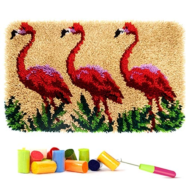 clubevy Tapestry Kits Latch Hook Rug Kits Carpet Embroidery Needlework Button Package DIY Rugs Cross Stitch Kit, Flamingos