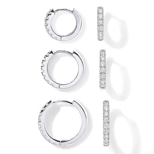PAVOI 18K Gold Plated 925 Sterling Silver Post, 3 Pairs Small Gold Hoop Earrings Set | Mini Cartilage Helix Huggie Hoop Pack for Women Men 8mm 10mm 12mm - White Gold