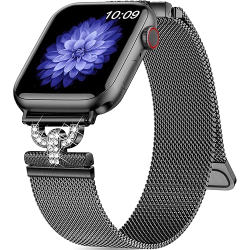 Rabini for Apple Watch Band SE Series 10 9 8 7 6 5 4 3 2 1 Ultra iWatch Bands 40mm 38mm 41mm 44mm 45mm 46mm 42mm 49mm, Diamond Jewelry Milanese Loop Stainless Steel Mesh Magnetic Strap for Women Men - Black - 44/45/46/49/42mm(Series 3/2/1)