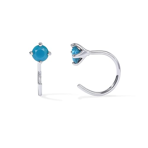 PAVOI 14K Gold 925 Sterling Silver Huggie Half Hoop Earrings for Women | Tiny Boho Colored Cartilage Earring | Blue, Green, Amethyst, Garnet, Black CZ, Turquoise, Opal, Pearl - White Gold - Turquoise