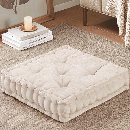 Intelligent Design Azza Floor Pillow, Large Cushions Sitting for Adults, Floor Pillow for Meditation or Yoga, Lustrous Chenille Tufted with Scalloped Edges for Bench/Chair Cushion, 20"x20"x5" Ivory - Ivory - 20"W x 20"L x5"H