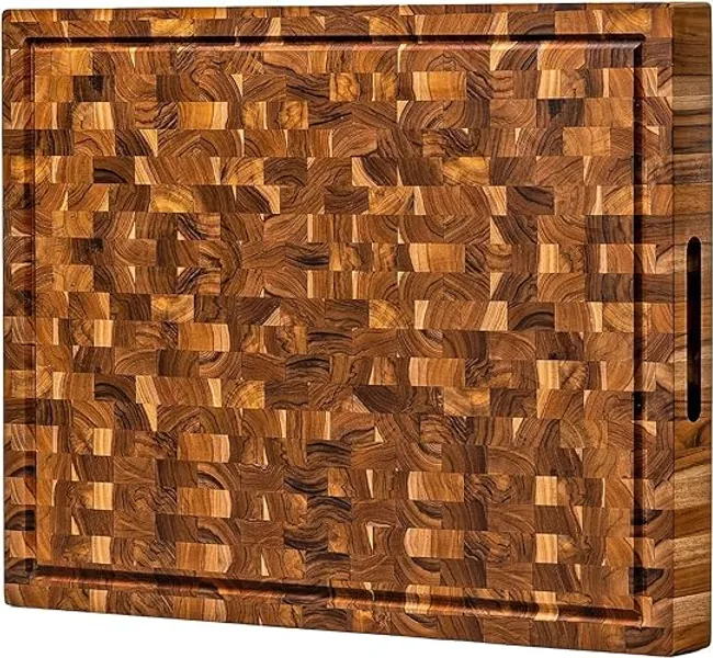 XXL End Grain Butcher Block Cutting Board [1.5" Thick]. Made of Teak Wood and Conditioned with Beeswax, Flaxseed Oil & Lemon Oil. 23" x 17" Chopping Board by Ziruma. - 23"L x 17"W