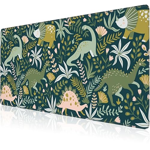 Mouse Pad, Large Dinosaurs with Tropical Plants Desk Mat, Extended Non-Slip Gaming Keyboard Mousepad Desk Pad, Thick Stitched Edges Waterproof Mouse Mat 31.5"x15.7" (Cute Dino and Flowers) - Dinosaurs With Tropical Plants