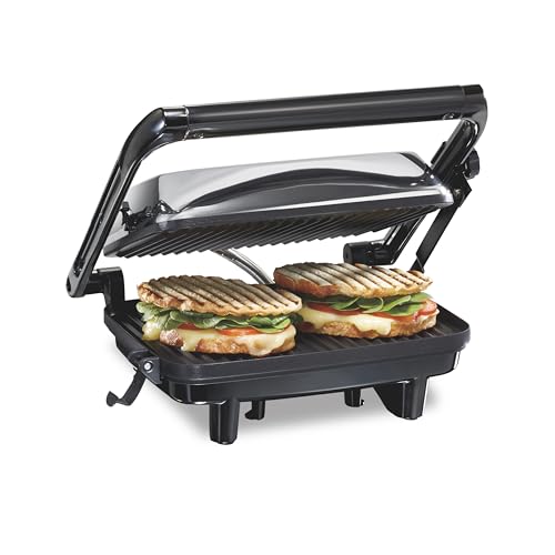 Hamilton Beach Panini Press Sandwich Maker & Electric Indoor Grill with Locking Lid, Opens 180 Degrees for any Thickness for Quesadillas, Burgers & More, Nonstick 8" x 10" Grids, Chrome (25460A) - Chrome Finish - Medium
