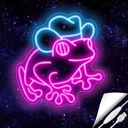 Cowboy Frog Neon Sign for Wall Decor Frog with Cowboy Hat Led Neon Light for Kids Room Man Cave Bar Store Home Party Art Decor Gifts, Ice Blue & Pink, Dimmable & USB Powered, 12.6" x 13.5" - CowBoy Frog