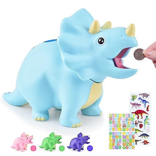 Dinosaur Piggy Bank for Kids, Unbreakable Plastic Money Coin Bank for Boys and Girls, Great Gifts for Birthday, Christmas, Baby Shower (Blue) - Blue