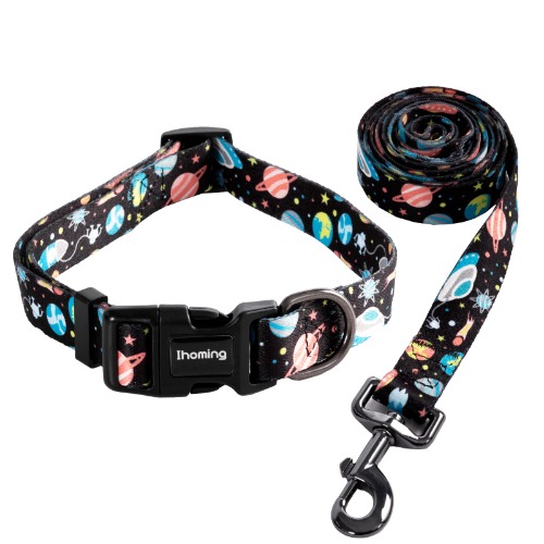 Ihoming Dog Collar and Leash Set for Daily Outdoor Walking Running Training, Space Design for Medium Boys Girls Dogs Cats Pets, M-Up to 45LBS