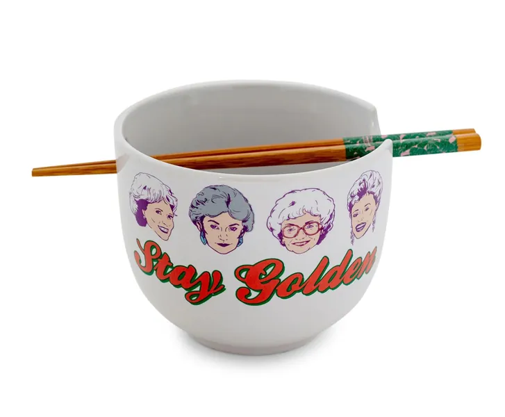 The Golden Girls "Stay Golden" Japanese Ceramic Dinnerware Set | Includes 20-Ounce Ramen Noodle Bowl and Wooden Chopsticks | Asian Food Dish Set For Home & Kitchen | 80s TV Show Gifts and Collectibles