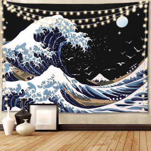 Pentasmile Sea wave Tapestry, Black Tapestry Wall Hanging, The Great Waves Fashion Decor for Bedroom Living Room Japanese Great Surf (Black, 51.2ʺ × 59ʺ)