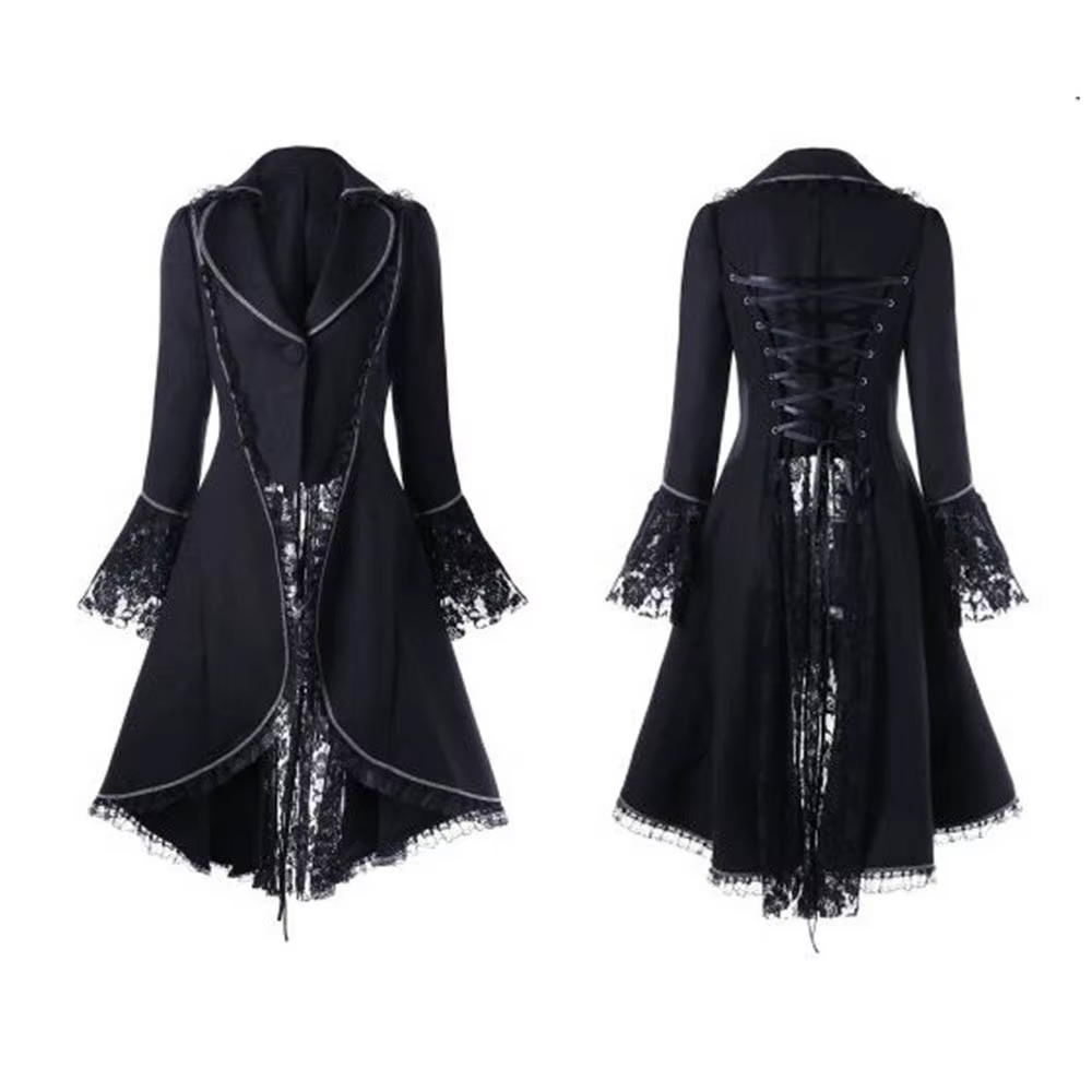 OverCoat Lace Women Vintage Bandage Long-sleeved Stitching Back waist Medieval Shirt Women Corset Black Gothic Dresses for Women - AliExpress 200000345