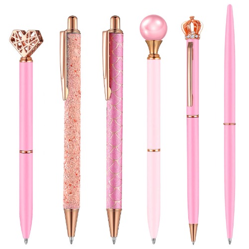 6 PCS Ballpoint Pens, Diamond Gold Glitter Pen, Cute Nice Pens for Journaling, Black Ink Retractable Crystal Glitter Fancy Pens Gifts for Women, Rose Gold Office Supplies (Pink) - Pink