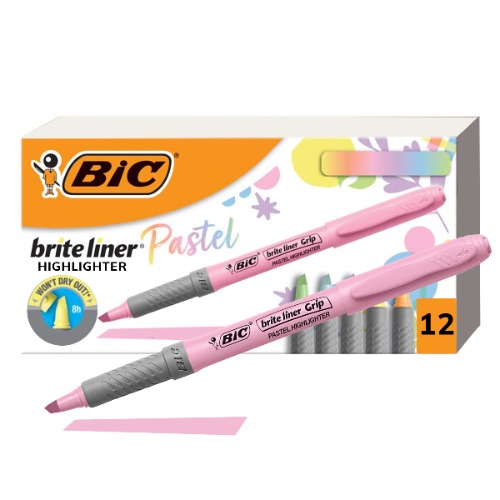 BIC Brite Liner Grip Pastel Highlighter Set, Chisel Tip, 12-Count Pack in Assorted Colors, Cute Highlighters for Bullet Journal Exercises, Note Taking and More - Unit Highlighters
