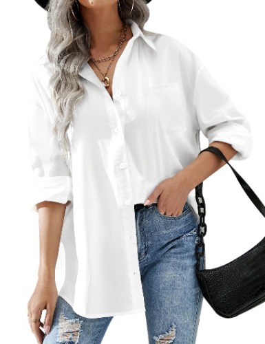 Hotouch Women Button Down Shirts Office Drop Shoulder Oversized Blouse Long Sleeve Boyfriend Dress Shirt with Pockets - White Medium