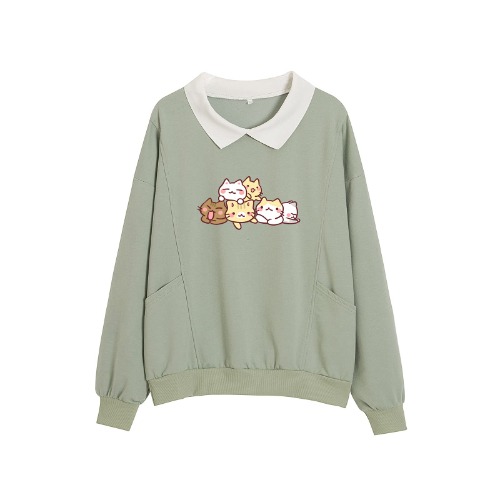 KIEKIECOO Cute Cat Sweatshirt For Teen Girls Fashion Oversized Kawaii Aesthetic Preppy Sweaters Cartoon Long Sleeve Shirts - Green Large