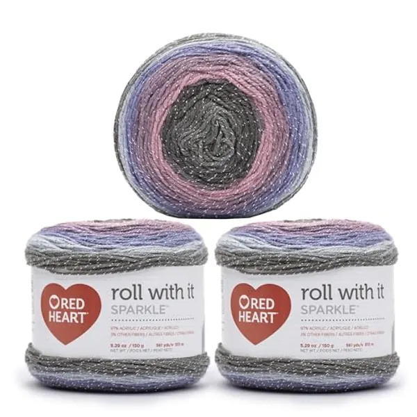 Red Heart Roll with It Sparkle Gray Whisper Yarn - 3 Pack of 5.3oz/150g - Blend - 4 Medium (Worsted) - 561 Yards - Knitting/Crochet