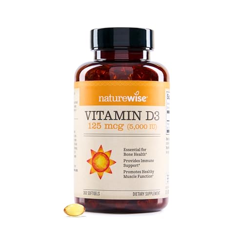 NatureWise Vitamin D3 5000iu (125 mcg) 1 Year Supply for Healthy Muscle Function, and Immune Support, Non-GMO, Gluten Free in Cold-Pressed Olive Oil, Packaging Vary ( Mini Softgel), 360 Count - 5000IU - 360 Count (Pack of 1)