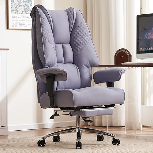 EXCEBET Big and Tall Office Chair 400lbs Wide Seat, Leather High Back Executive Office Chair with Foot Rest, Ergonomic Office Chair Lumbar Support for Lower Back Pain Relief (Light Purple) - Light Purple