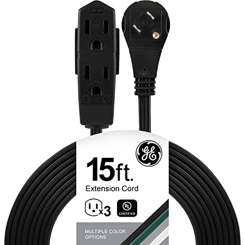 GE 3-Outlet Flat Extension Cord 15 Ft Grounded Extension Cord with Multiple Outlets 3 Prong Outlet Extender Flat Plug Power Strip Indoor Extension Cord 16 Gauge UL Listed Black 56987 - 1 Pack - Black - 15 Ft
