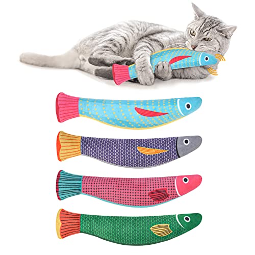 Aibuddy Catnip Toy, 4 Pack Fish Cat Chew Toys, Bite Resistant Catnip Toys with Bell Inside, Plush Cartoon Kitten Teething Interactive Toy （ 7.7" L * 1.9" W） - 1 Count (Pack of 4)