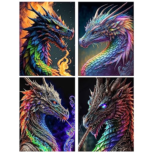 RICUVED 4 Pack Dragons Diamond Painting Kits for Adults Kids,5D Diamond Painting Animals Kits,Full Drill DIY Dragons Diamond Painting Kits Diamond Art for Home Wall Decor Art 30x40cm