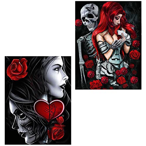 Bimkole 2 Pack 5D Diamond Painting Kits Skeleton Beauty, Full Drill Rose Woman DIY Rhinestone Embroidery Set Paint with Diamond Art by Number Kits Cross Stitch Home Wall Craft Decoration (12x16inch)