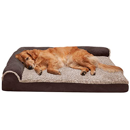 Furhaven Pet Dog Bed - Deluxe Orthopedic Two-Tone Plush Faux Fur & Suede L Shaped Chaise Lounge Living Room Corner Couch Pet Bed w/ Removable Cover for Dogs & Cats, Espresso, Jumbo, (L Chaise) Two-Tone Espresso, 4. Jumbo (44541081BX) - 102L x 81W x 20H cm - L Chaise Bed - Two-Tone Espresso